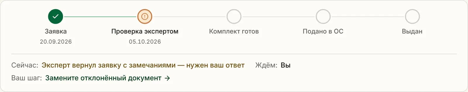 Лента статусов заявки: Заявка, Проверка экспертом, Комплект готов, Подано в ОС, Выдан — с блоками «Сейчас», «Ждём» и «Ваш шаг»